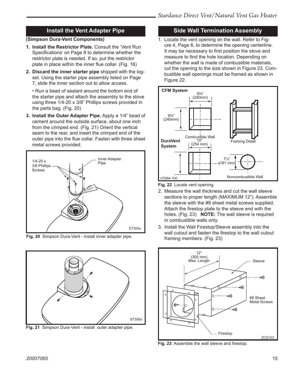 Stardance direct vent/natural vent gas heater, Install the vent adapter pipe, Side wall termination assembly | Vermont Casting Stardance SDV30 User Manual | Page 15 / 44
