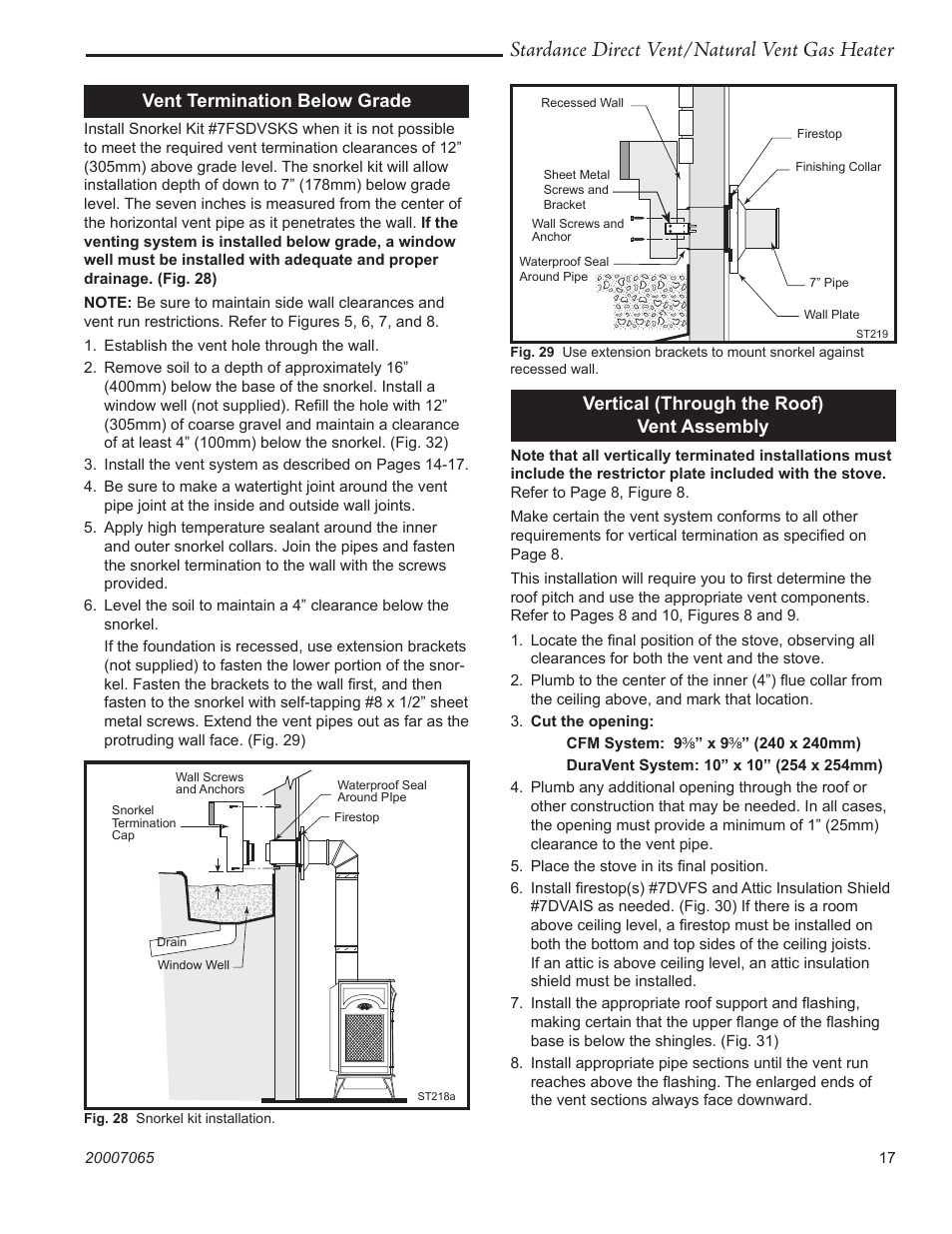 Stardance direct vent/natural vent gas heater, Vent termination below grade, Vertical (through the roof) vent assembly | Vermont Casting Stardance SDV30 User Manual | Page 17 / 44