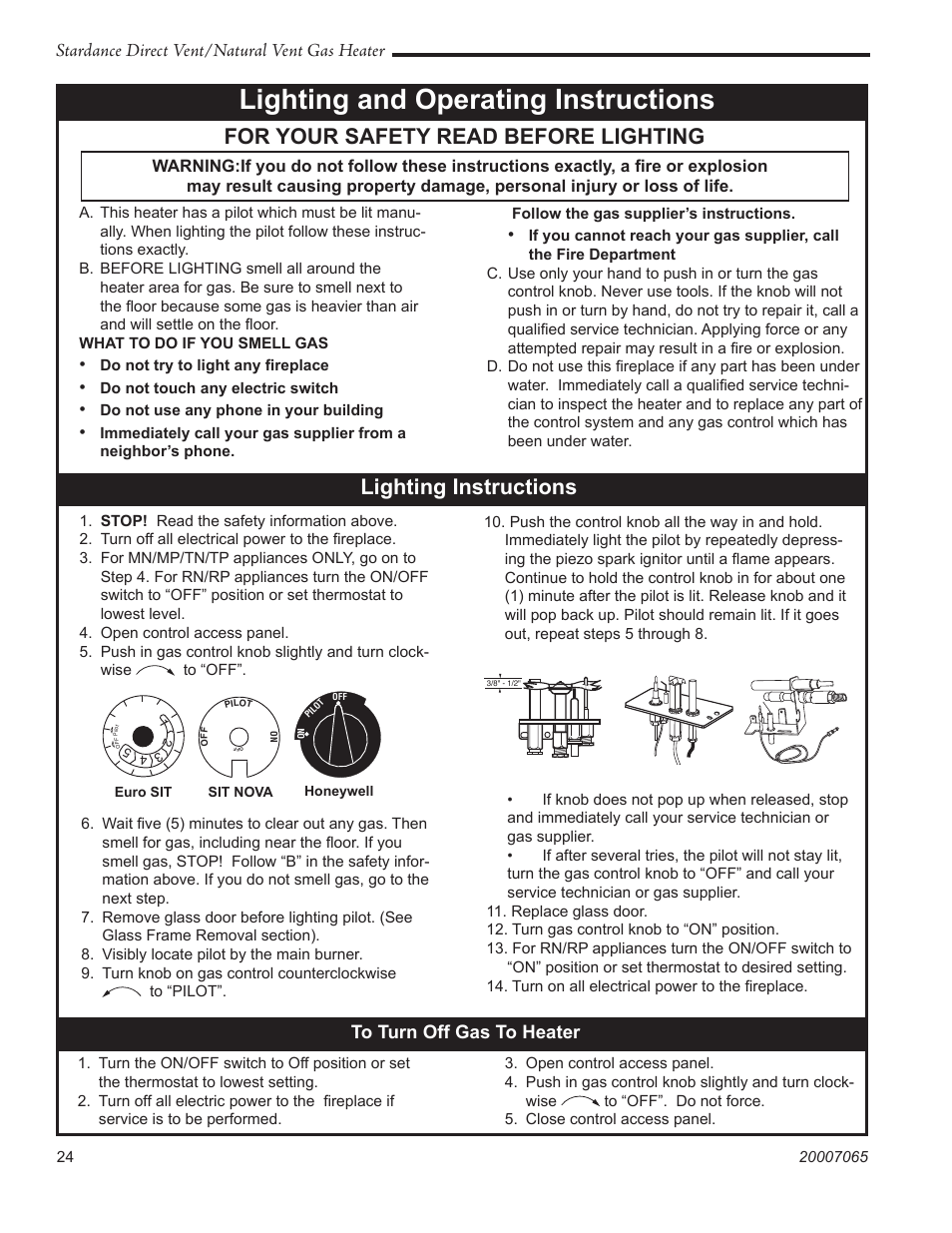 Lighting and operating instructions, For your safety read before lighting, Lighting instructions | Stardance direct vent/natural vent gas heater | Vermont Casting Stardance SDV30 User Manual | Page 24 / 44