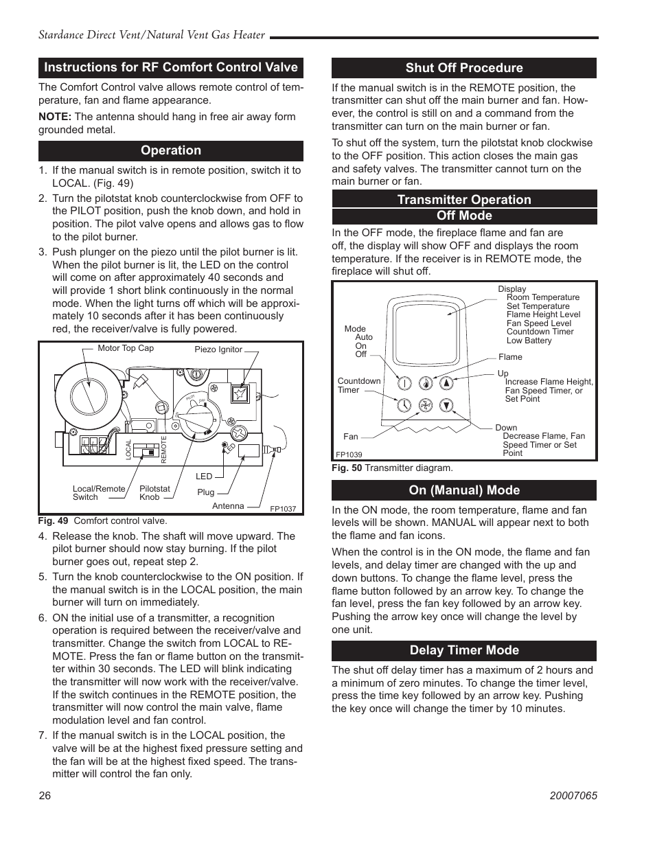 Stardance direct vent/natural vent gas heater, Instructions for rf comfort control valve, Operation | Shut off procedure, Transmitter operation off mode, On (manual) mode, Delay timer mode | Vermont Casting Stardance SDV30 User Manual | Page 26 / 44