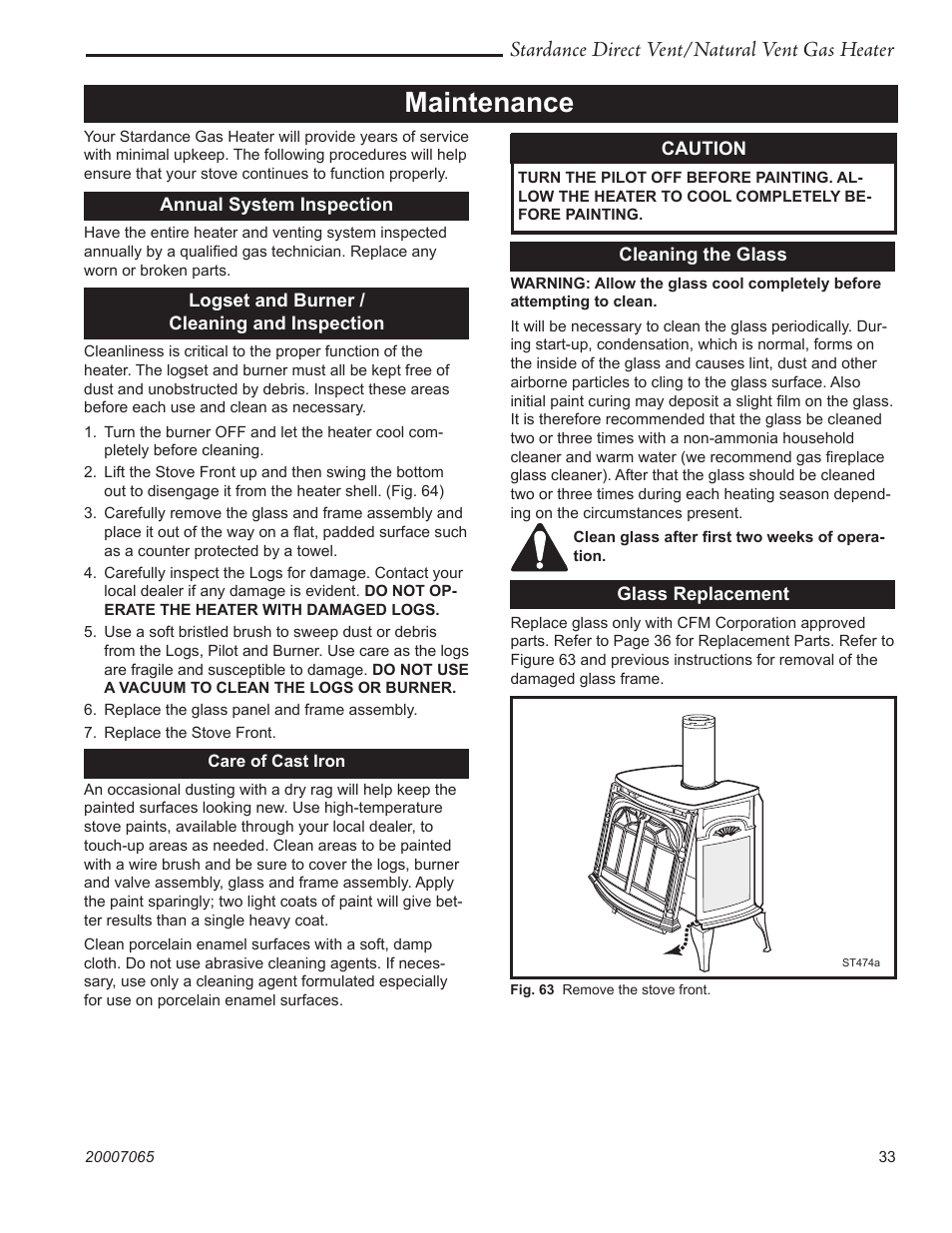 Maintenance, Stardance direct vent/natural vent gas heater | Vermont Casting Stardance SDV30 User Manual | Page 33 / 44