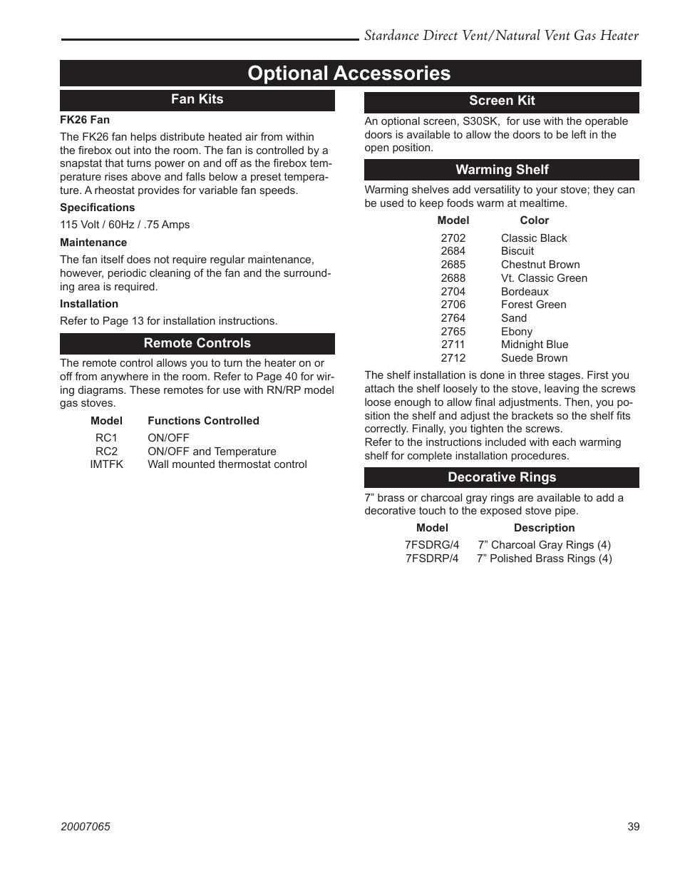 Optional accessories, Stardance direct vent/natural vent gas heater | Vermont Casting Stardance SDV30 User Manual | Page 39 / 44