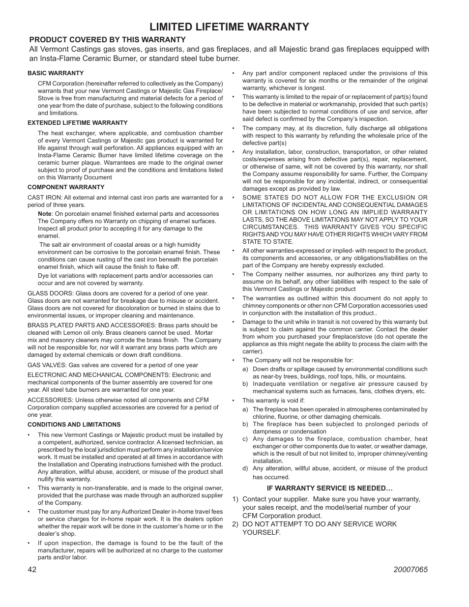 Limited lifetime warranty, Stardance direct vent/natural vent gas heater | Vermont Casting Stardance SDV30 User Manual | Page 42 / 44