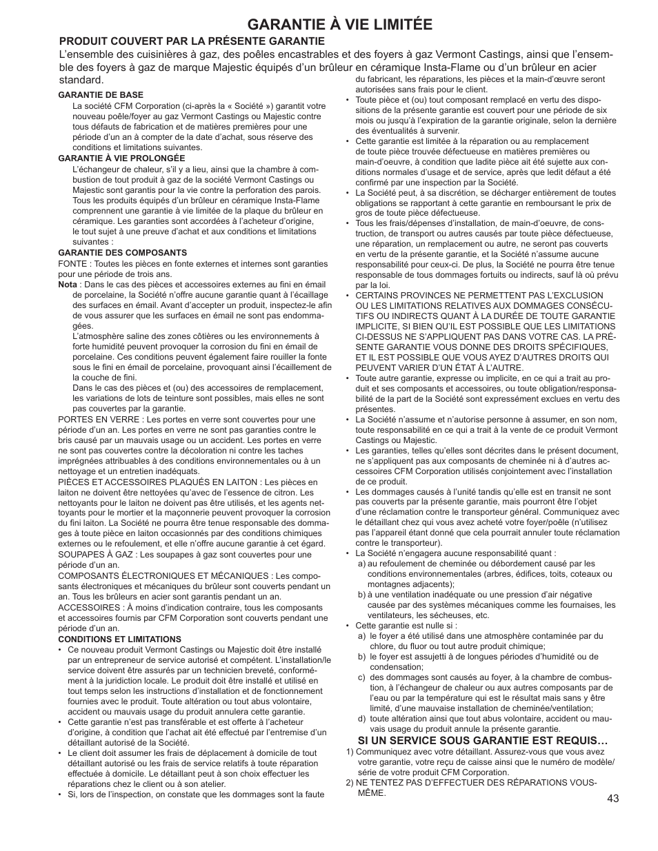 Stardance direct vent/natural vent gas heater, Garantie à vie limitée | Vermont Casting Stardance SDV30 User Manual | Page 43 / 44