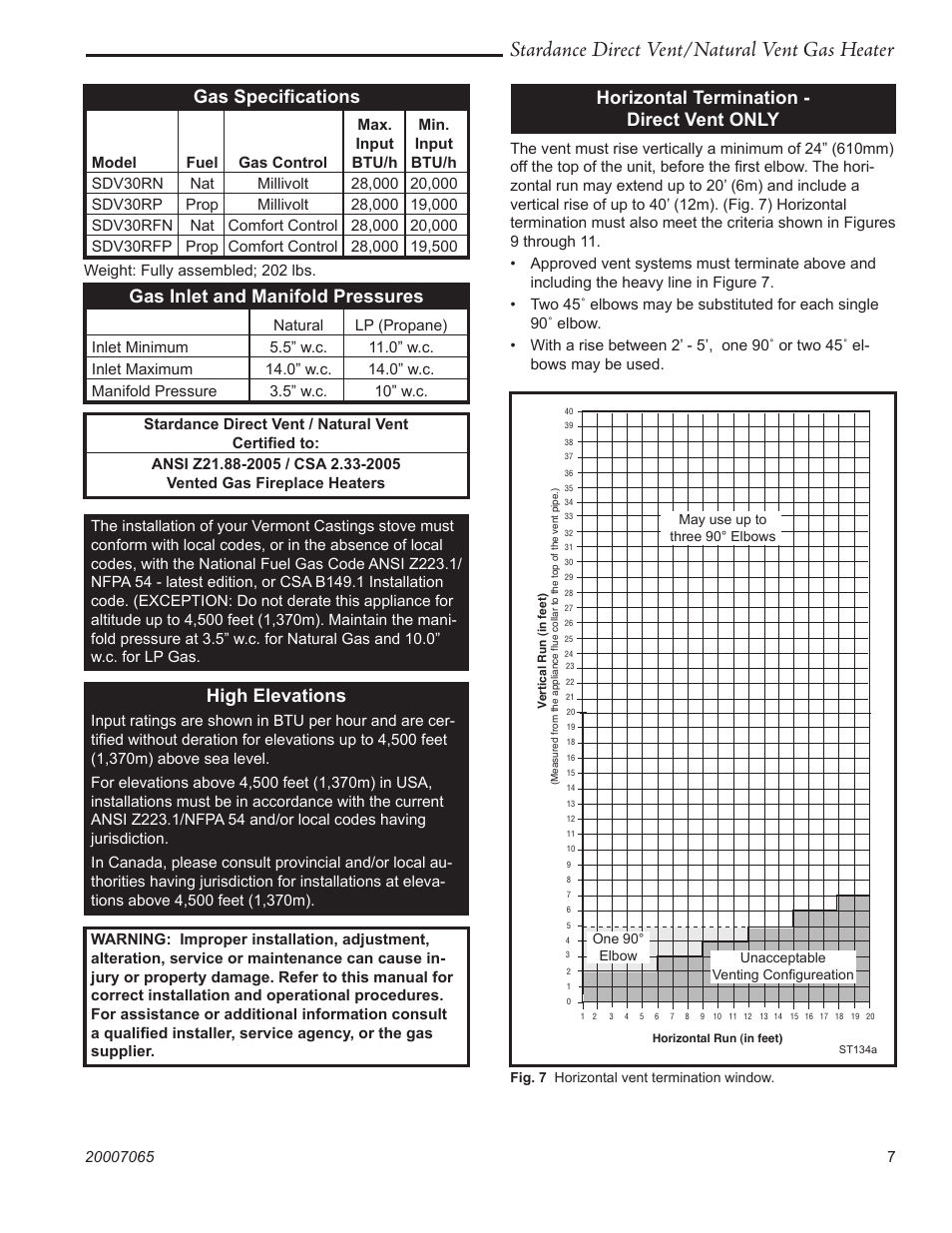 Stardance direct vent/natural vent gas heater, Gas speciﬁcations, Gas inlet and manifold pressures | High elevations, Horizontal termination - direct vent only | Vermont Casting Stardance SDV30 User Manual | Page 7 / 44