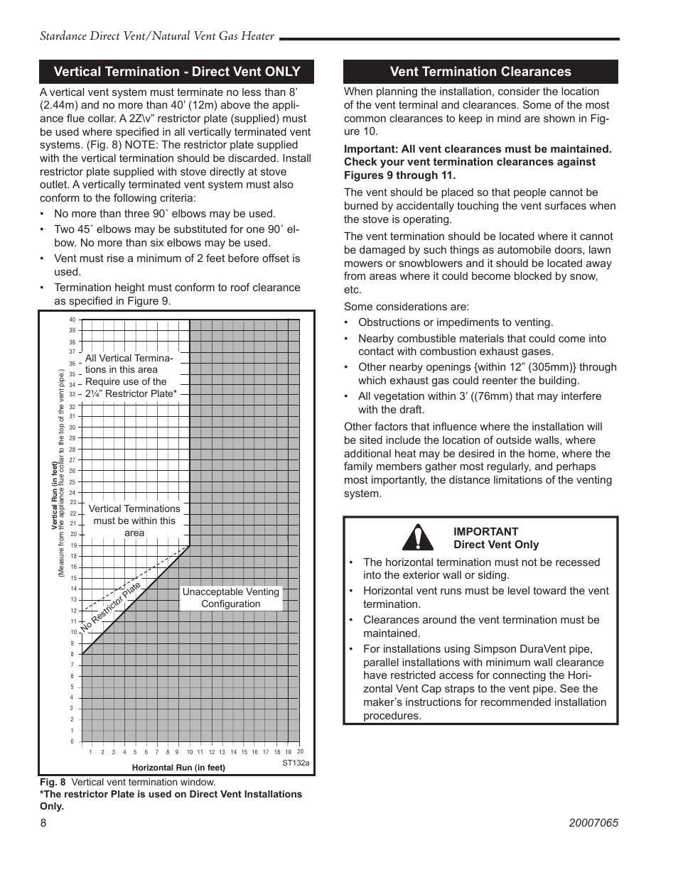 Stardance direct vent/natural vent gas heater, Vertical termination - direct vent only, Vent termination clearances | Vermont Casting Stardance SDV30 User Manual | Page 8 / 44
