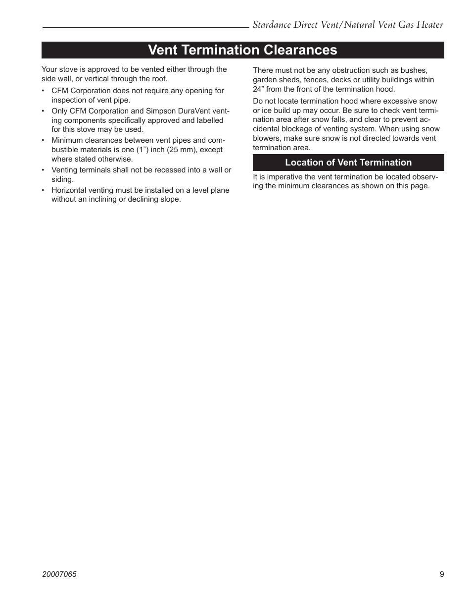 Vent termination clearances, Stardance direct vent/natural vent gas heater | Vermont Casting Stardance SDV30 User Manual | Page 9 / 44
