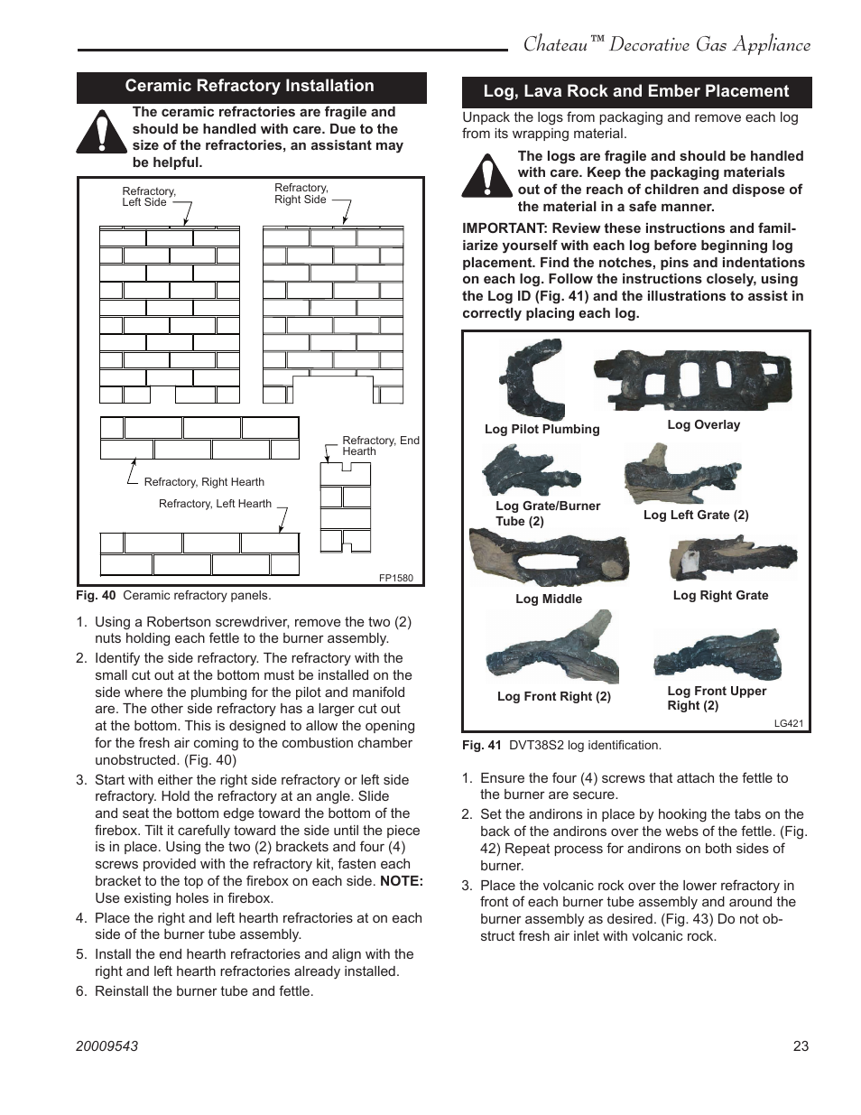 Chateau™ decorative gas appliance, Ceramic refractory installation, Log, lava rock and ember placement | Vermont Casting DVT38S2 User Manual | Page 23 / 40