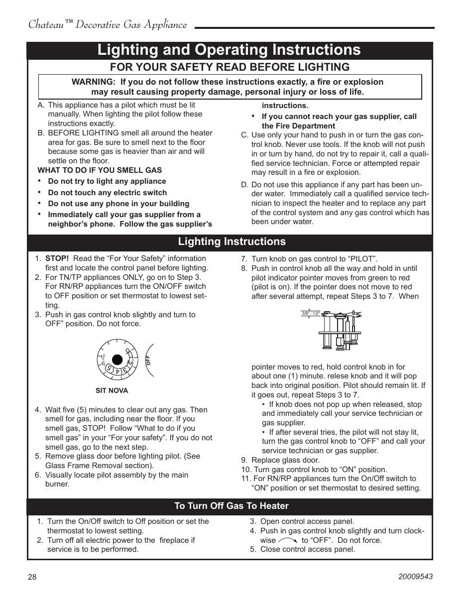 Lighting and operating instructions, Chateau™ decorative gas appliance, For your safety read before lighting | Lighting instructions | Vermont Casting DVT38S2 User Manual | Page 28 / 40