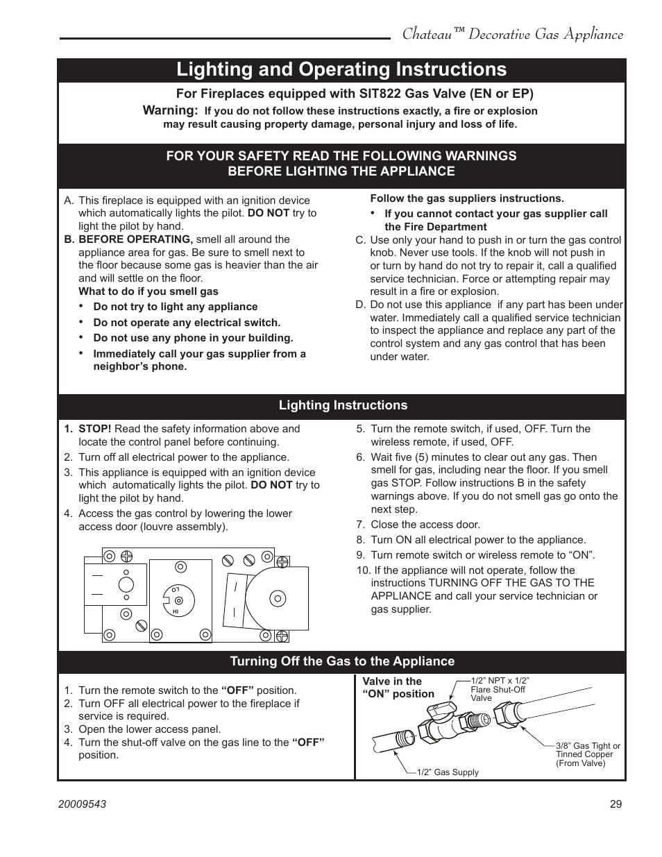 Lighting and operating instructions, Chateau™ decorative gas appliance | Vermont Casting DVT38S2 User Manual | Page 29 / 40