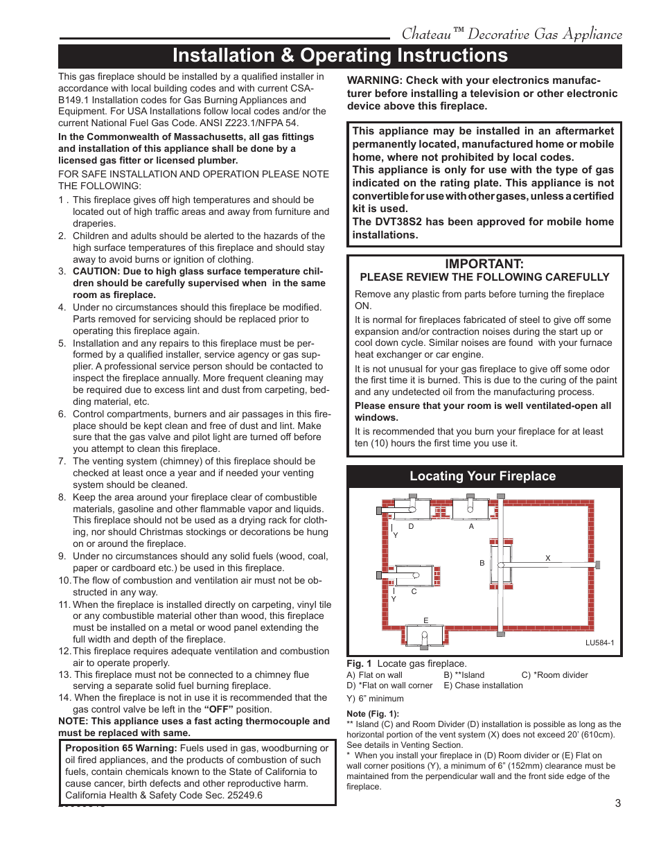 Installation & operating instructions, Chateau™ decorative gas appliance, Important | Locating your fireplace | Vermont Casting DVT38S2 User Manual | Page 3 / 40