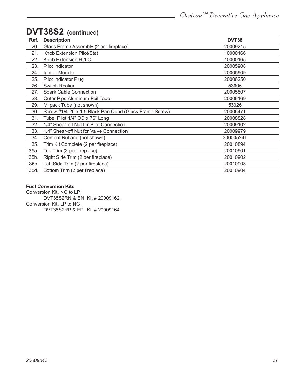 Dvt38s2, Chateau™ decorative gas appliance | Vermont Casting DVT38S2 User Manual | Page 37 / 40