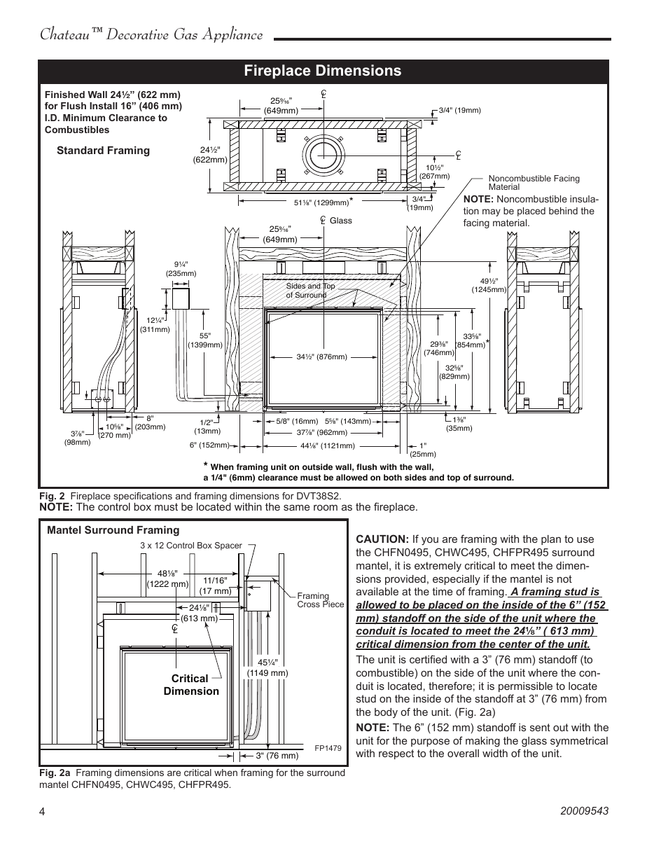 Chateau™ decorative gas appliance, Fireplace dimensions | Vermont Casting DVT38S2 User Manual | Page 4 / 40