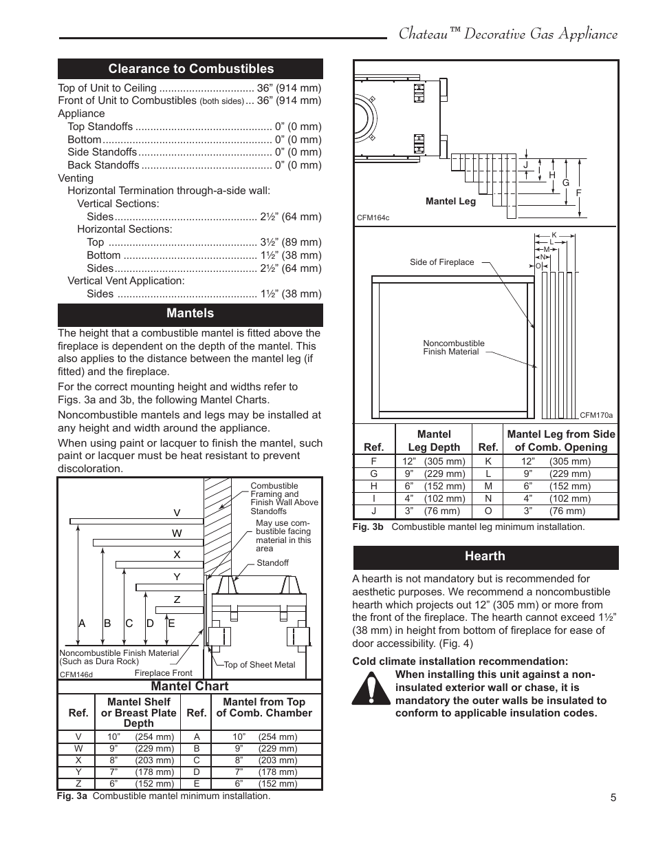 Chateau™ decorative gas appliance, Hearth clearance to combustibles mantels, Mantel chart | Vermont Casting DVT38S2 User Manual | Page 5 / 40