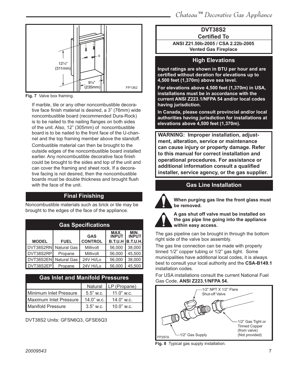 Chateau™ decorative gas appliance, Gas inlet and manifold pressures, Dvt38s2 certiﬁed to | High elevations, Gas line installation, Final finishing, Gas speciﬁcations | Vermont Casting DVT38S2 User Manual | Page 7 / 40