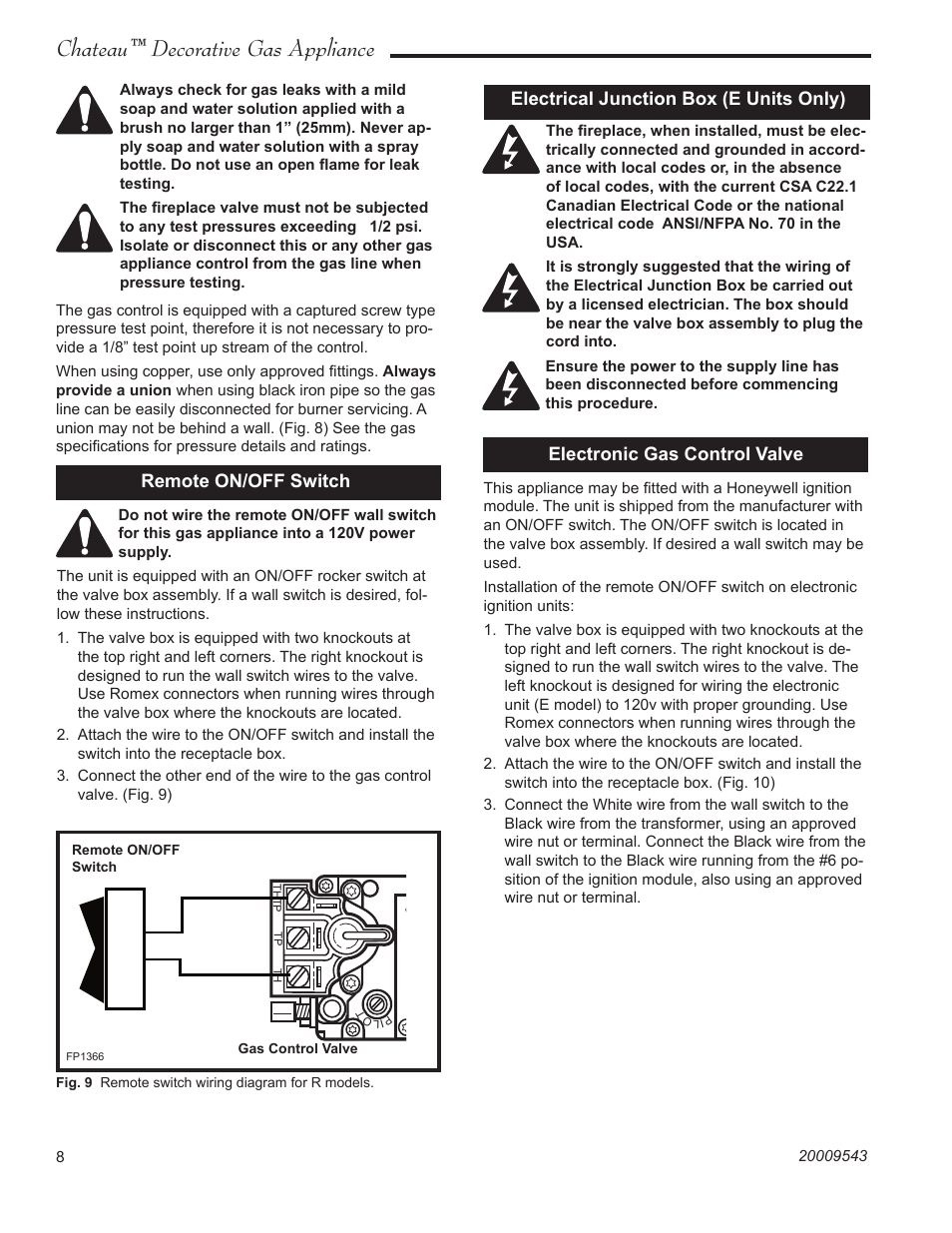 Chateau™ decorative gas appliance, Electrical junction box (e units only), Remote on/off switch | Electronic gas control valve | Vermont Casting DVT38S2 User Manual | Page 8 / 40