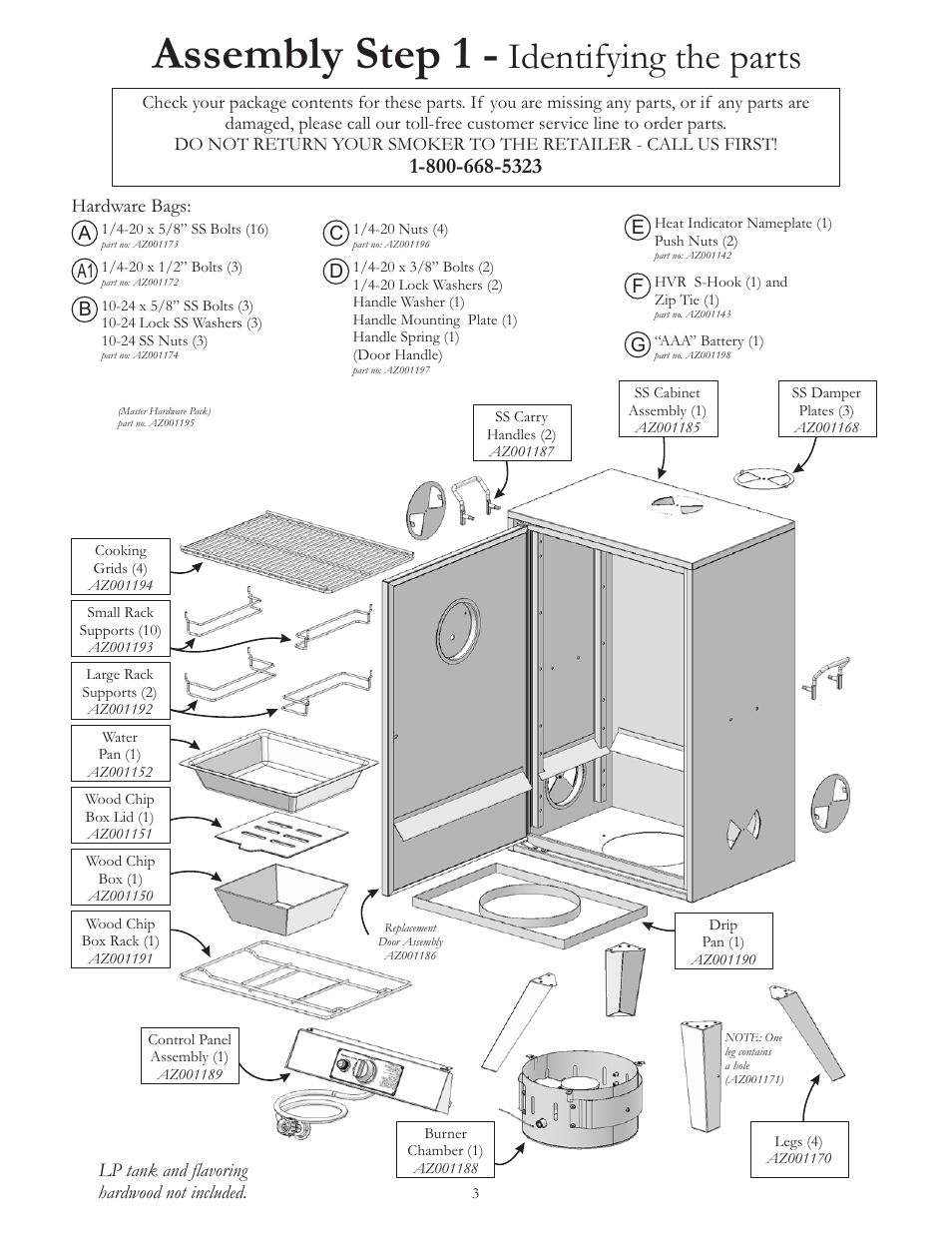 Assembly step 1, Identifying the parts | Vermont Casting VC3624GS User Manual | Page 5 / 24