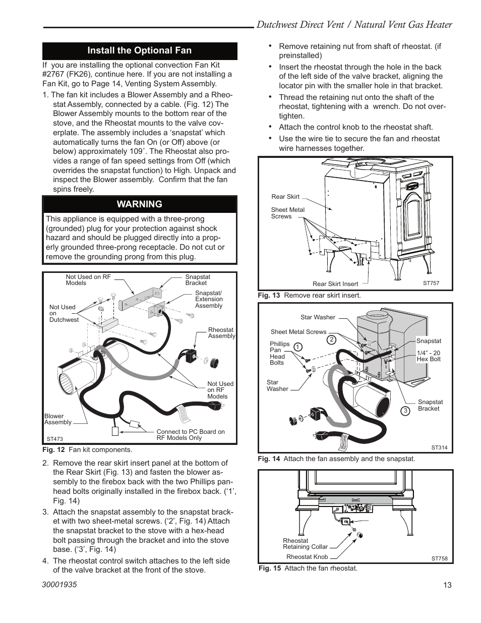 Dutchwest direct vent / natural vent gas heater, Install the optional fan, Warning | Vermont Casting 2466 User Manual | Page 13 / 36