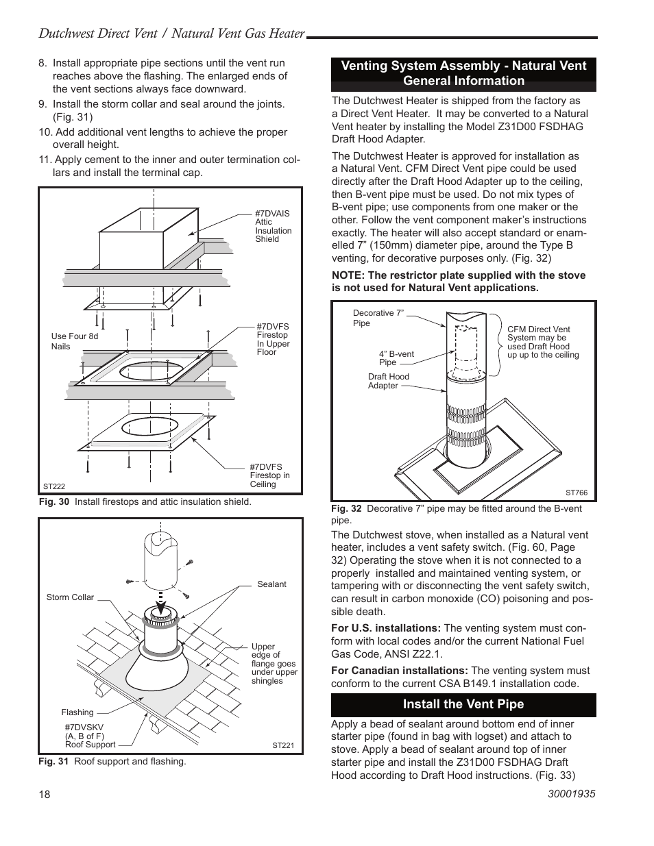 Dutchwest direct vent / natural vent gas heater, Install the vent pipe | Vermont Casting 2466 User Manual | Page 18 / 36