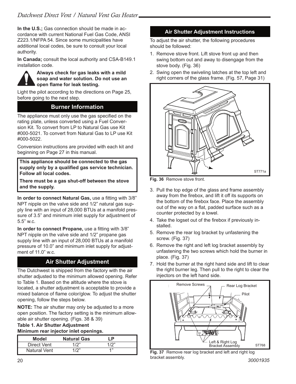Dutchwest direct vent / natural vent gas heater, Burner information, Air shutter adjustment | Vermont Casting 2466 User Manual | Page 20 / 36
