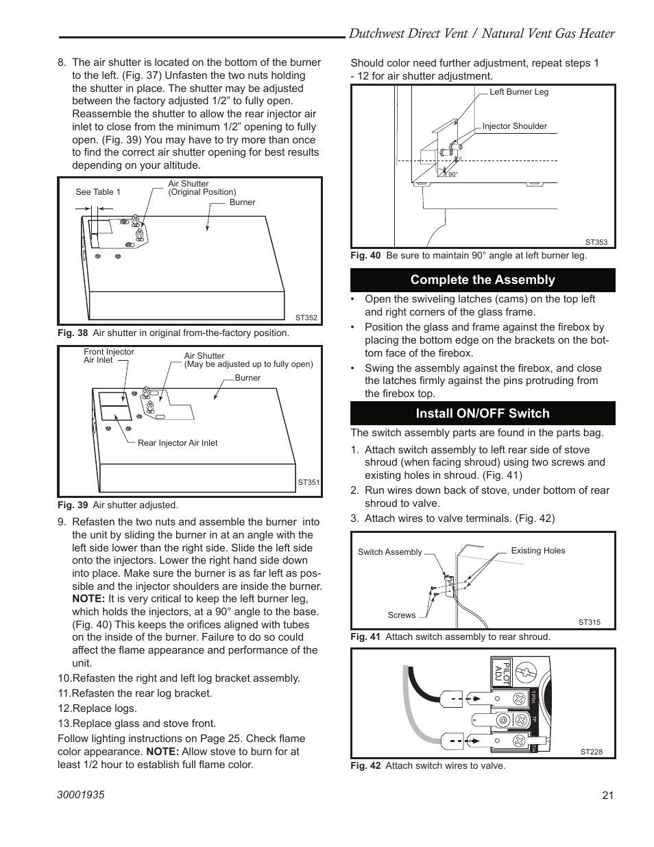 Dutchwest direct vent / natural vent gas heater, Complete the assembly, Install on/off switch | Vermont Casting 2466 User Manual | Page 21 / 36