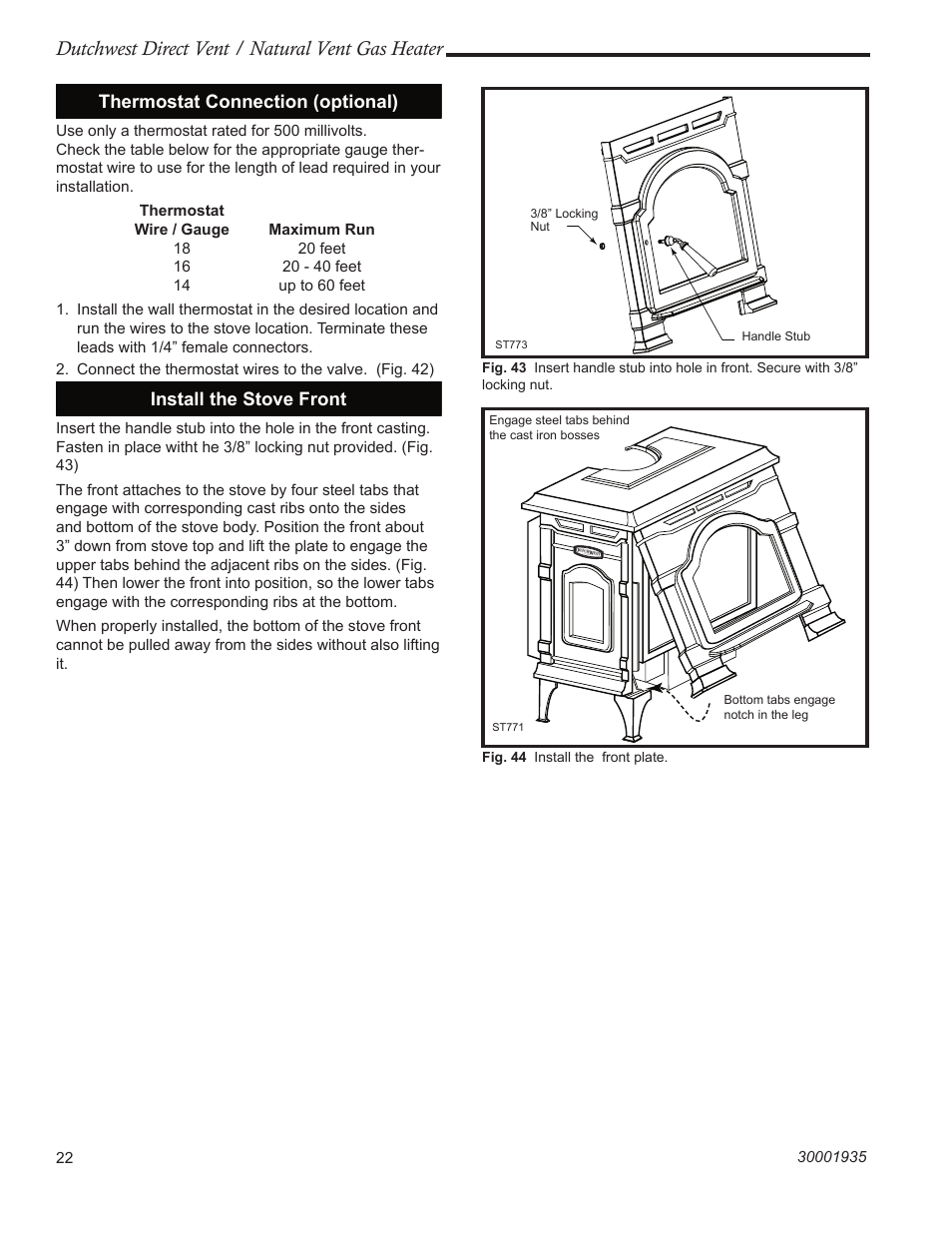 Dutchwest direct vent / natural vent gas heater, Thermostat connection (optional), Install the stove front | Vermont Casting 2466 User Manual | Page 22 / 36