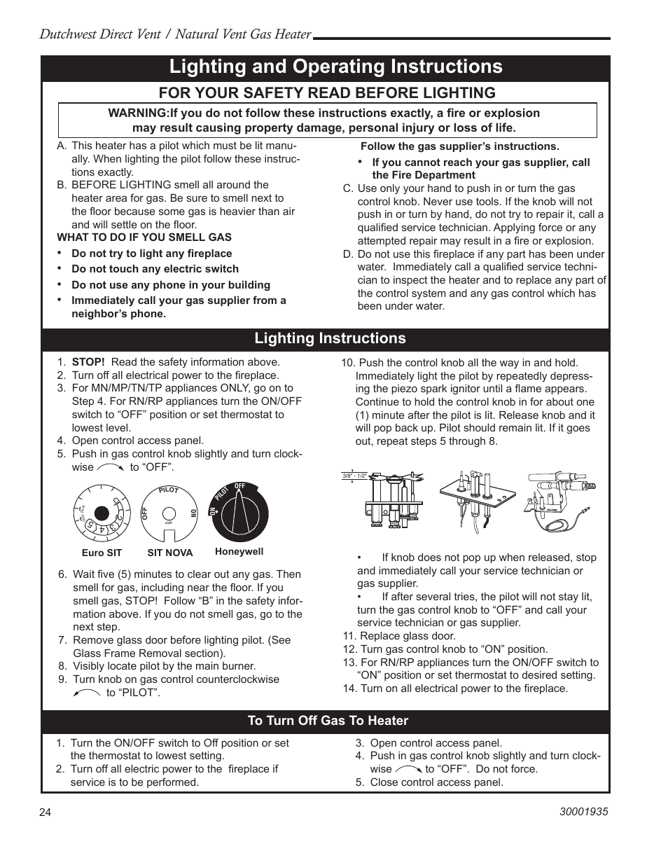 Lighting and operating instructions, For your safety read before lighting, Lighting instructions | Dutchwest direct vent / natural vent gas heater | Vermont Casting 2466 User Manual | Page 24 / 36