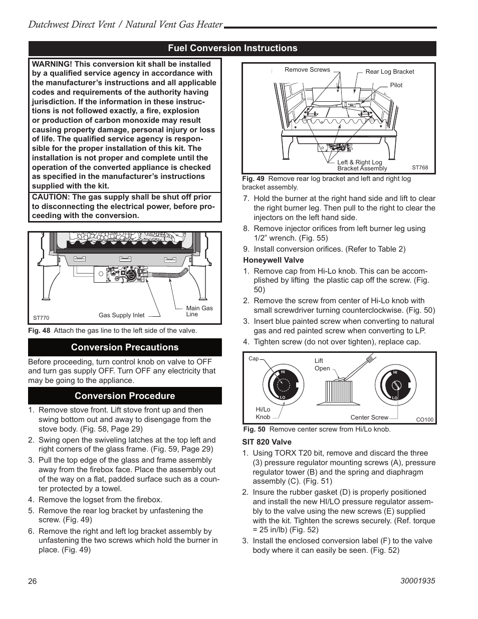 Dutchwest direct vent / natural vent gas heater, Fuel conversion instructions, Conversion precautions | Conversion procedure | Vermont Casting 2466 User Manual | Page 26 / 36