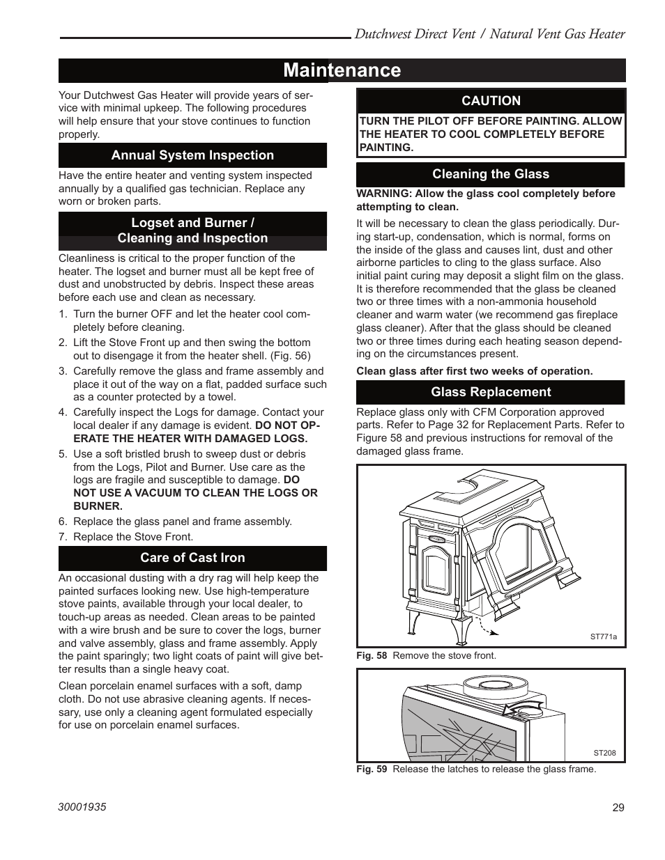 Maintenance, Dutchwest direct vent / natural vent gas heater, Annual system inspection | Logset and burner / cleaning and inspection, Care of cast iron, Caution, Cleaning the glass, Glass replacement | Vermont Casting 2466 User Manual | Page 29 / 36