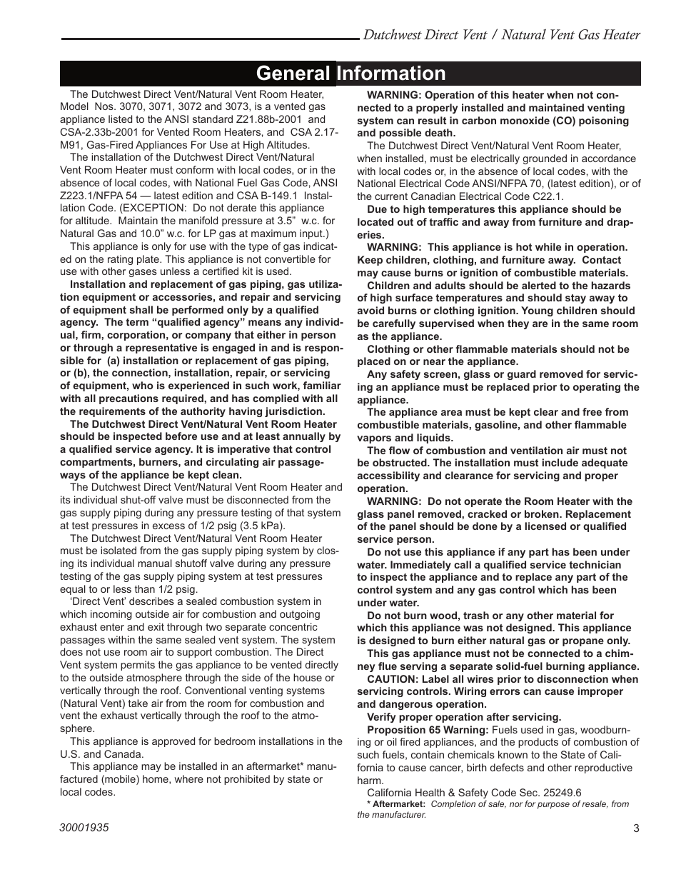 General information, Dutchwest direct vent / natural vent gas heater | Vermont Casting 2466 User Manual | Page 3 / 36