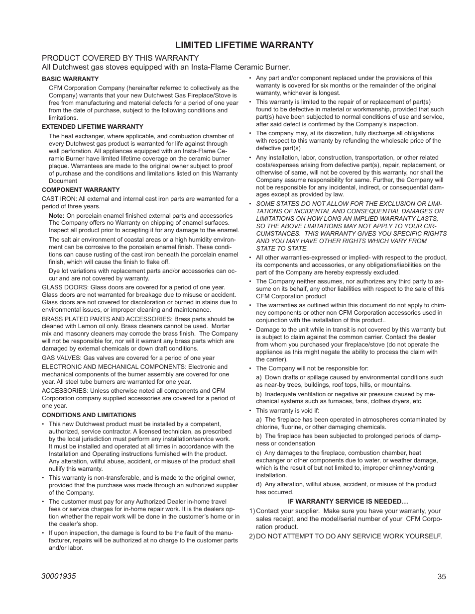 Dutchwest direct vent / natural vent gas heater, Limited lifetime warranty | Vermont Casting 2466 User Manual | Page 35 / 36
