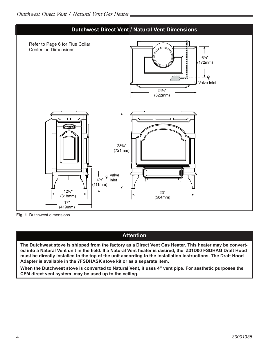 Dutchwest direct vent / natural vent gas heater, Dutchwest direct vent / natural vent dimensions, Attention | Vermont Casting 2466 User Manual | Page 4 / 36