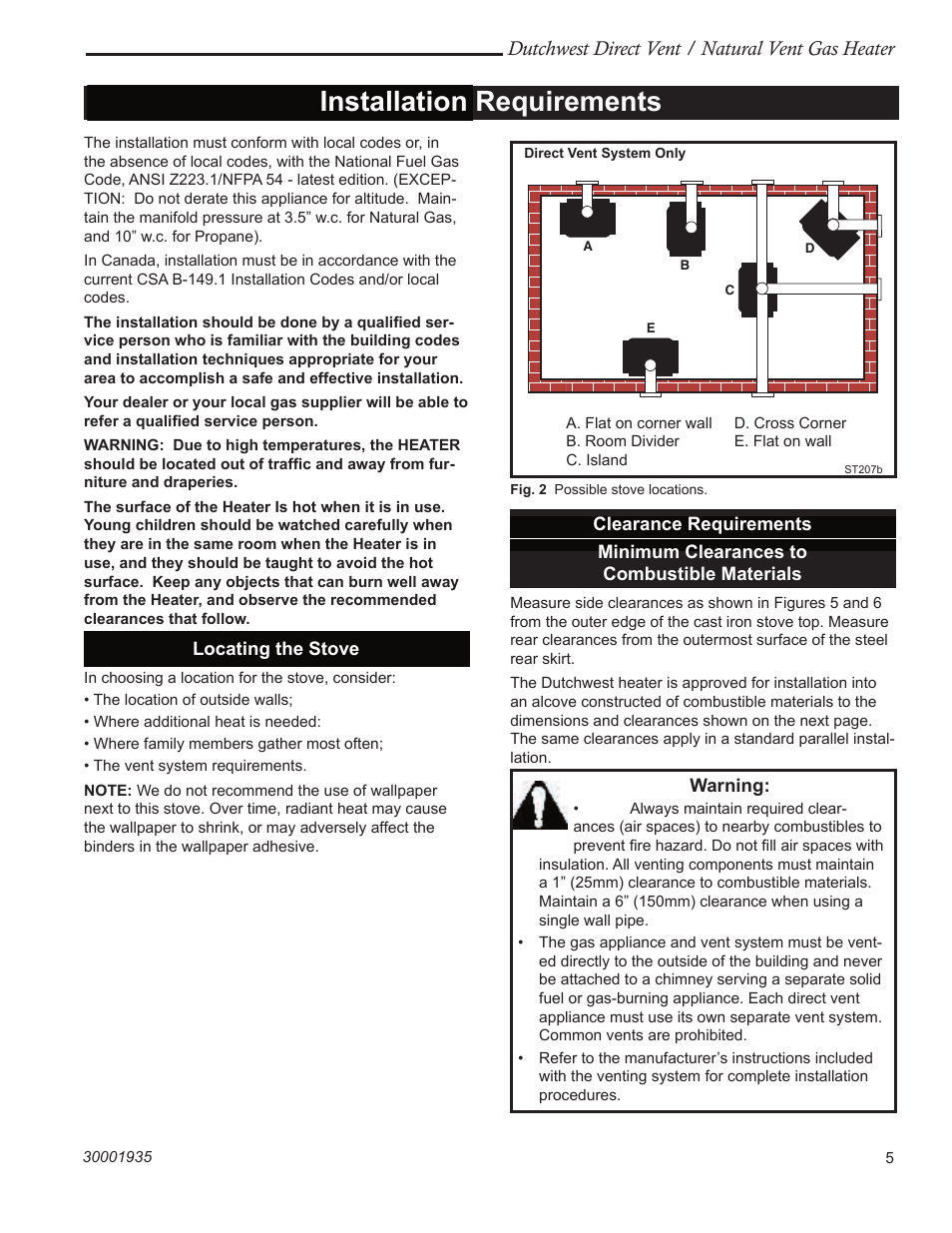 Installation requirements, Dutchwest direct vent / natural vent gas heater | Vermont Casting 2466 User Manual | Page 5 / 36