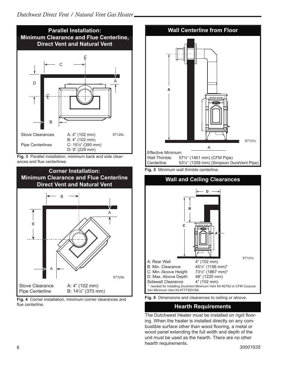 Dutchwest direct vent / natural vent gas heater, Wall centerline from floor, Wall and ceiling clearances | Hearth requirements | Vermont Casting 2466 User Manual | Page 6 / 36