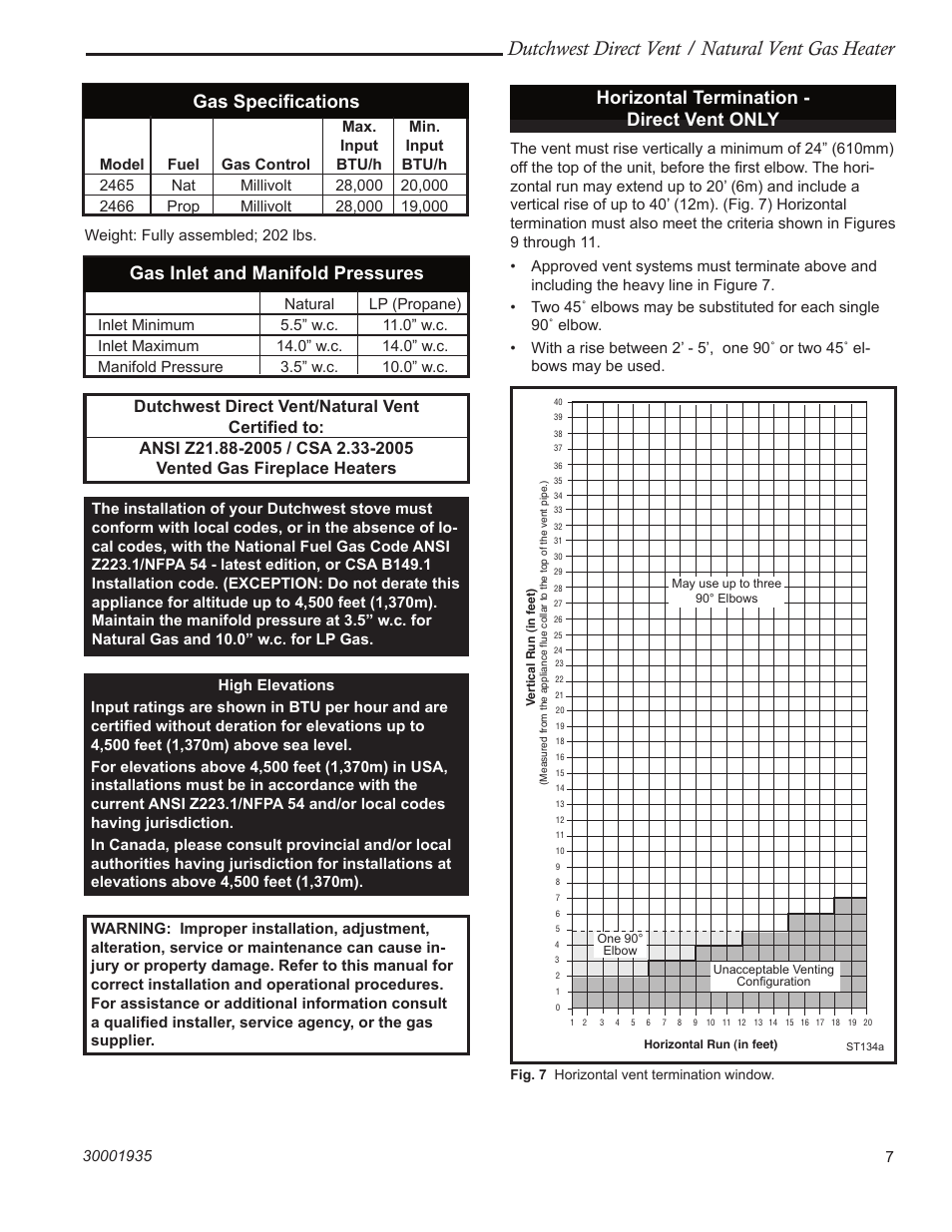 Dutchwest direct vent / natural vent gas heater, Gas speciﬁcations, Gas inlet and manifold pressures | Horizontal termination - direct vent only | Vermont Casting 2466 User Manual | Page 7 / 36