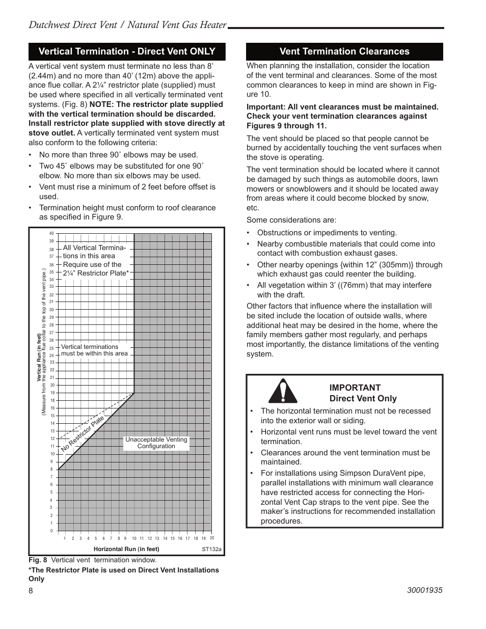 Dutchwest direct vent / natural vent gas heater, Vertical termination - direct vent only, Vent termination clearances | Important direct vent only | Vermont Casting 2466 User Manual | Page 8 / 36