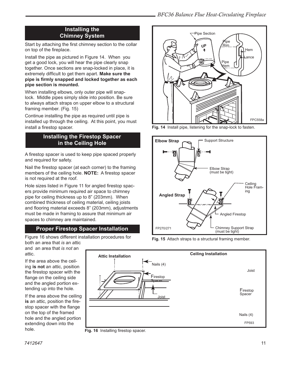 Bfc36 balance flue heat-circulating fireplace, Installing the chimney system, Installing the firestop spacer in the ceiling hole | Proper firestop spacer installation | Vermont Casting 647 BFC User Manual | Page 11 / 24