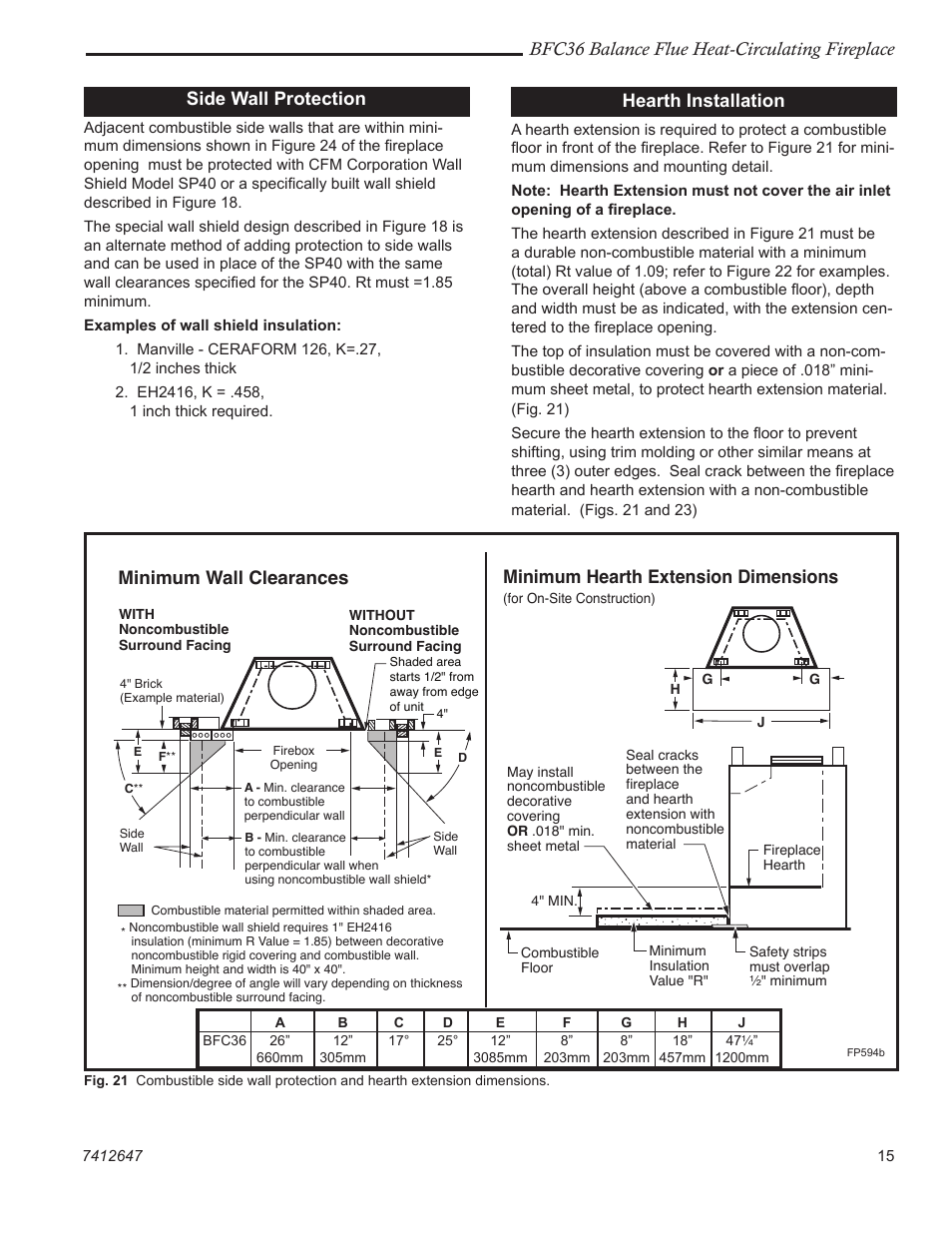 Bfc36 balance flue heat-circulating fireplace, Side wall protection, Hearth installation | Minimum wall clearances, Minimum hearth extension dimensions | Vermont Casting 647 BFC User Manual | Page 15 / 24