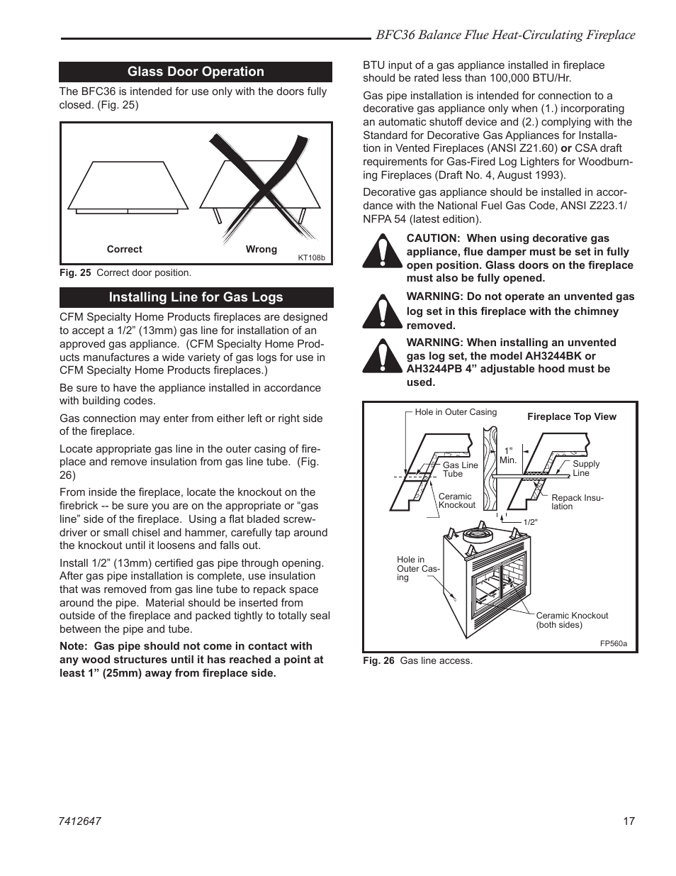 Bfc36 balance flue heat-circulating fireplace, Installing line for gas logs, Glass door operation | Vermont Casting 647 BFC User Manual | Page 17 / 24