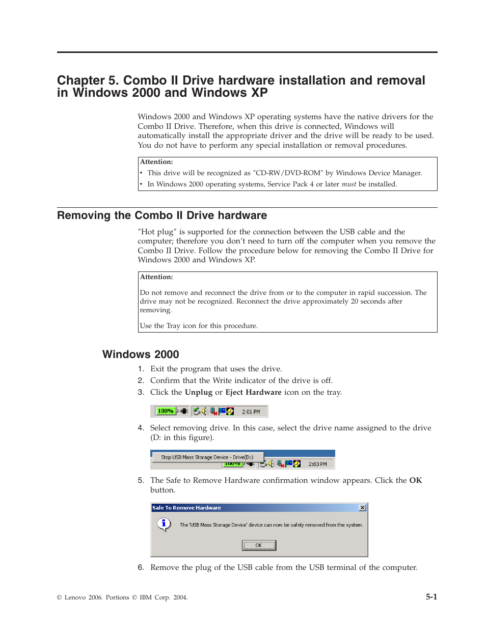 Removing the combo ii drive hardware, Windows 2000, Chapter | Combo, Drive, Hardware, Installation, Removal, Windows, Removing | Lenovo USB 2.0 CD-RW/DVD-ROM Combo II Drive User Manual | Page 27 / 74