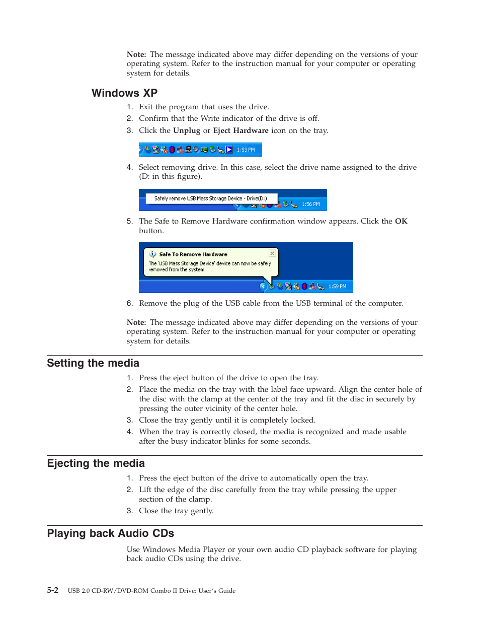 Windows xp, Setting the media, Ejecting the media | Playing back audio cds, Windows, Setting, Media, Ejecting, Playing, Back | Lenovo USB 2.0 CD-RW/DVD-ROM Combo II Drive User Manual | Page 28 / 74