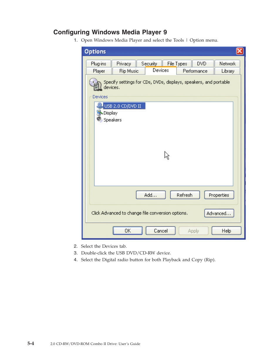 Configuring windows media player 9, Configuring, Windows | Media, Player | Lenovo USB 2.0 CD-RW/DVD-ROM Combo II Drive User Manual | Page 30 / 74