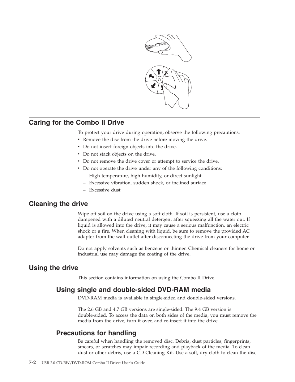 Caring for the combo ii drive, Cleaning the drive, Using the drive | Using single and double-sided dvd-ram media, Precautions for handling, Caring, Combo, Drive, Cleaning, Using | Lenovo USB 2.0 CD-RW/DVD-ROM Combo II Drive User Manual | Page 36 / 74