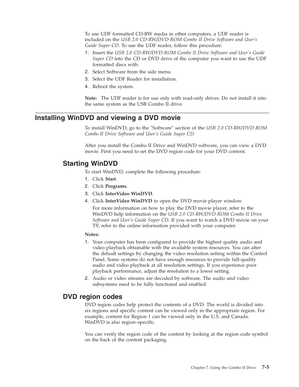 Installing windvd and viewing a dvd movie, Starting windvd, Dvd region codes | Installing, Windvd, Viewing, Movie, Starting, Region, Codes | Lenovo USB 2.0 CD-RW/DVD-ROM Combo II Drive User Manual | Page 39 / 74