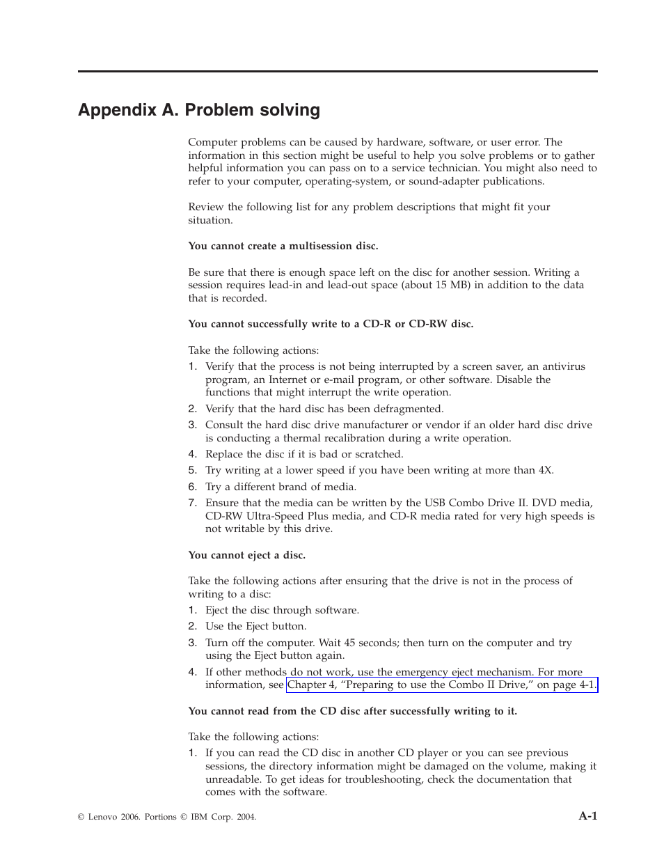 Appendix a. problem solving, Appendix, Problem | Solving | Lenovo USB 2.0 CD-RW/DVD-ROM Combo II Drive User Manual | Page 41 / 74