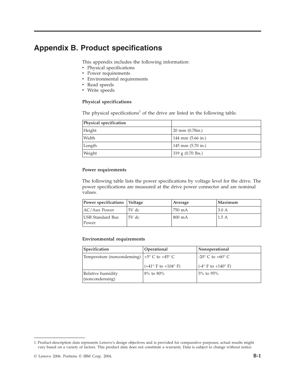 Appendix b. product specifications, Appendix, Product | Specifications | Lenovo USB 2.0 CD-RW/DVD-ROM Combo II Drive User Manual | Page 43 / 74