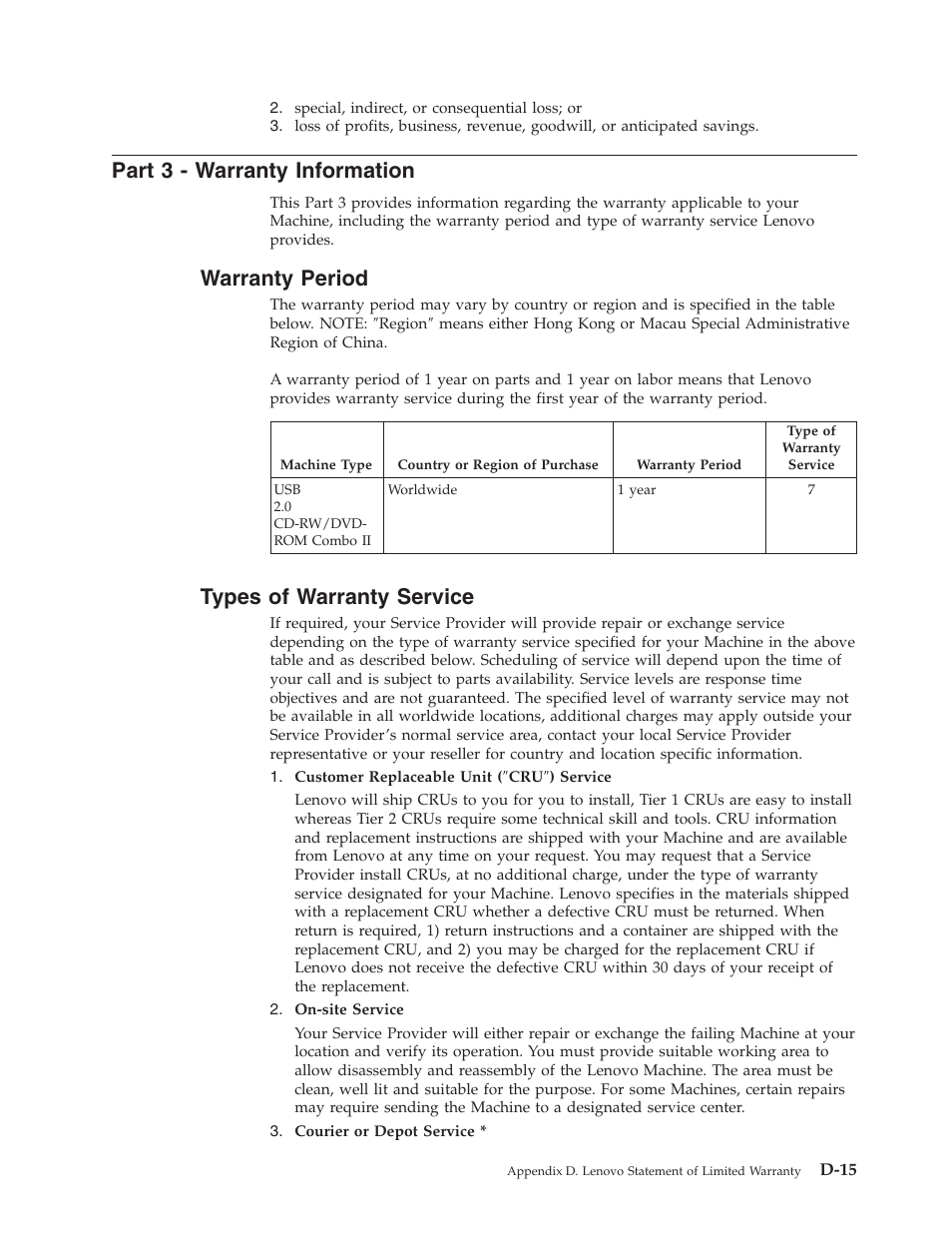 Part 3 - warranty information, Warranty period, Types of warranty service | Part, Warranty, Information, D-15, Period, Types, Service | Lenovo USB 2.0 CD-RW/DVD-ROM Combo II Drive User Manual | Page 61 / 74