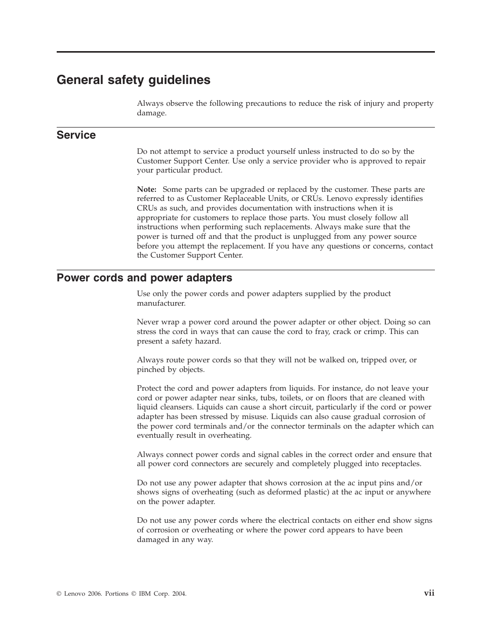 General safety guidelines, Service, Power cords and power adapters | General, Safety, Guidelines, Power, Cords, Adapters | Lenovo USB 2.0 CD-RW/DVD-ROM Combo II Drive User Manual | Page 9 / 74