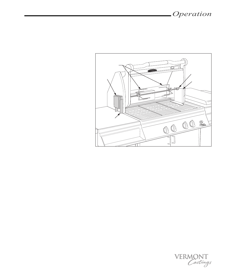 Operation, Rotisserie setup (optional to model vc100) | Vermont Casting VC200 User Manual | Page 17 / 33