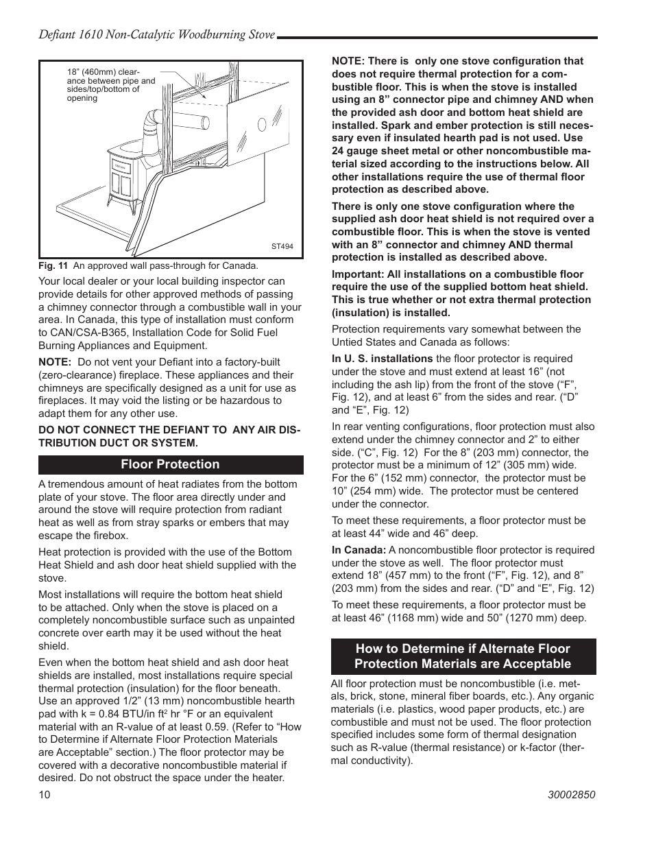 Defiant 1610 non-catalytic woodburning stove, Floor protection | Vermont Casting 1610 User Manual | Page 10 / 40